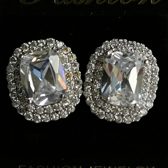 Emerald cut CZ Double Halo stud earrings - Picture 9 of 9